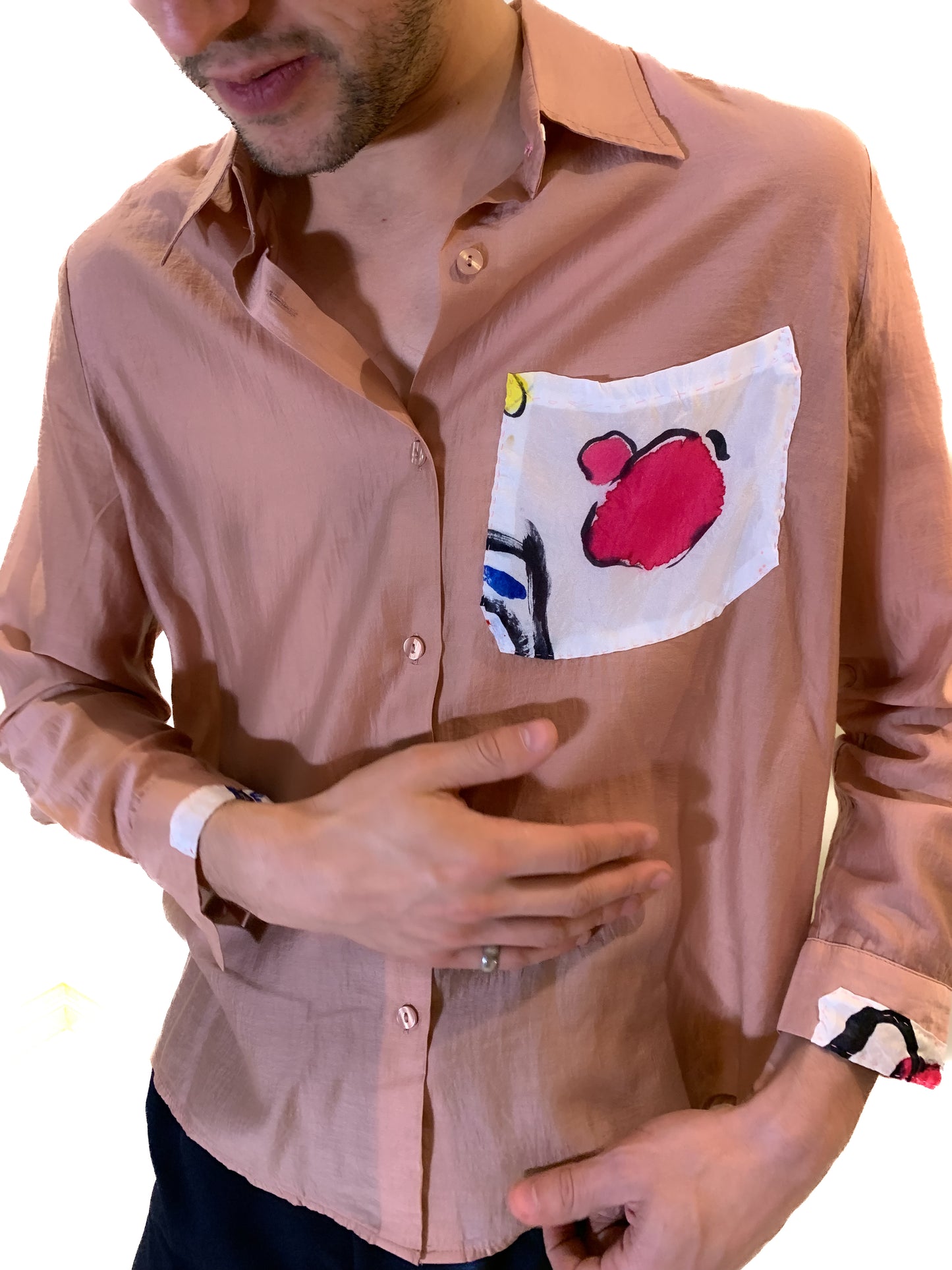 Silk Button-Up Shirt - w. hand-painted accents