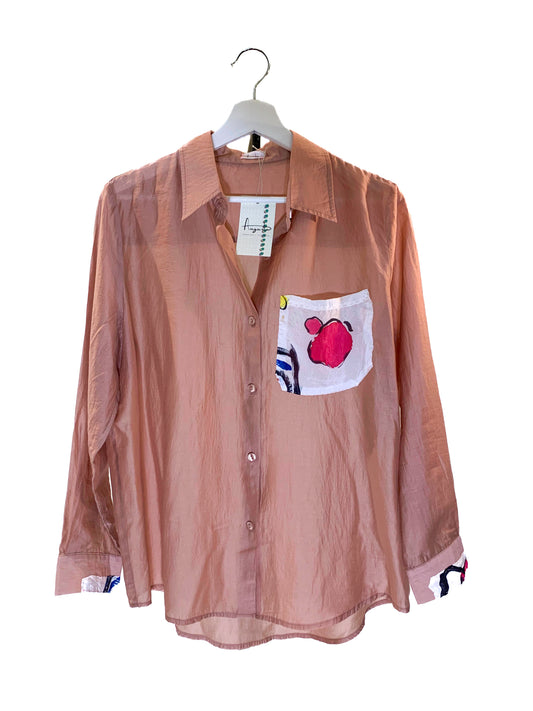 Silk Button-Up Shirt - w. hand-painted accents